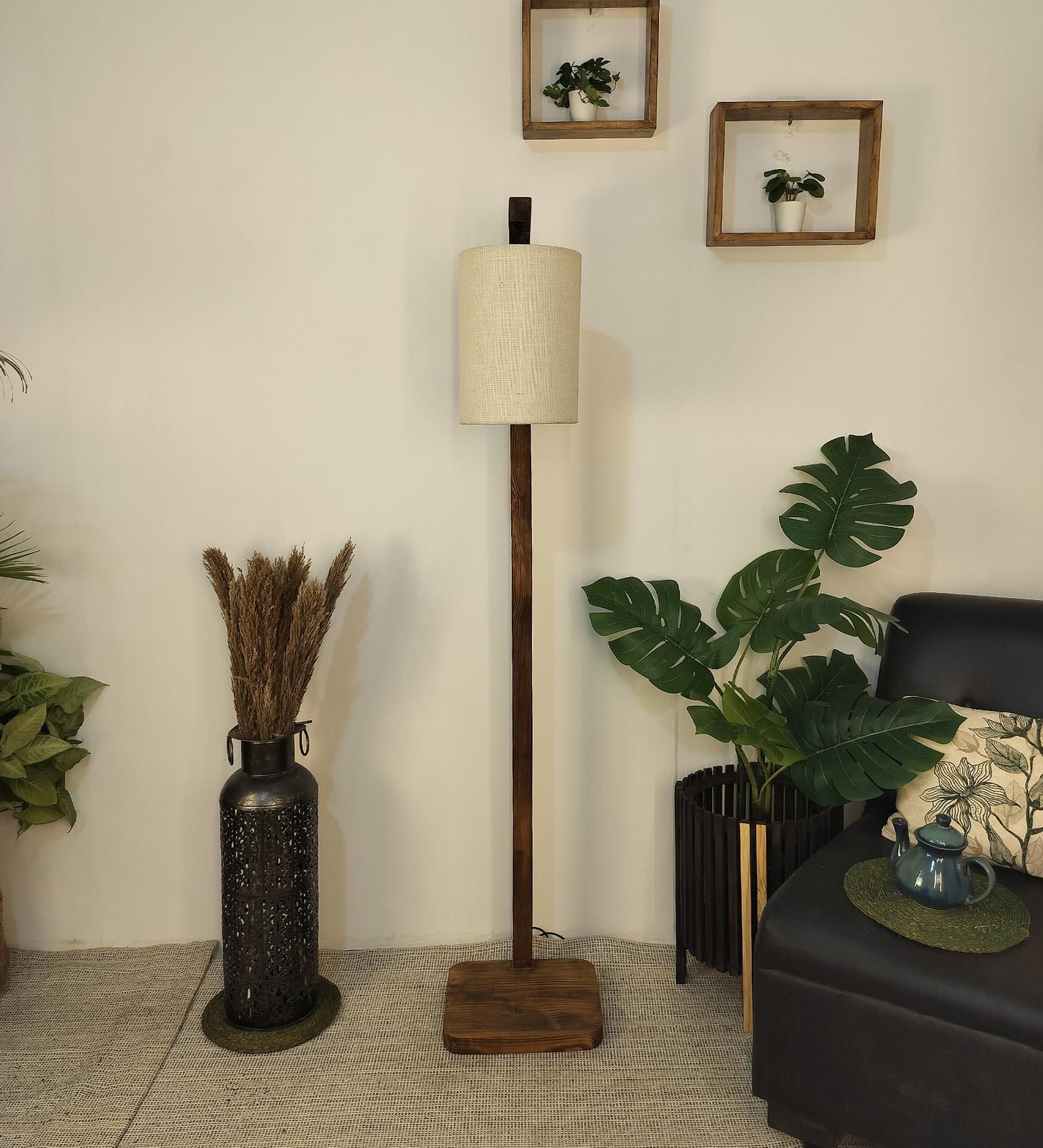 Fire Wooden Floor Lamp with Brown Base and White Fabric Lampshade