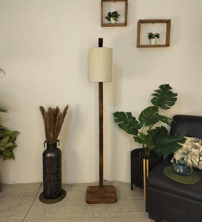 Fire Wooden Floor Lamp with Brown Base and White Fabric Lampshade