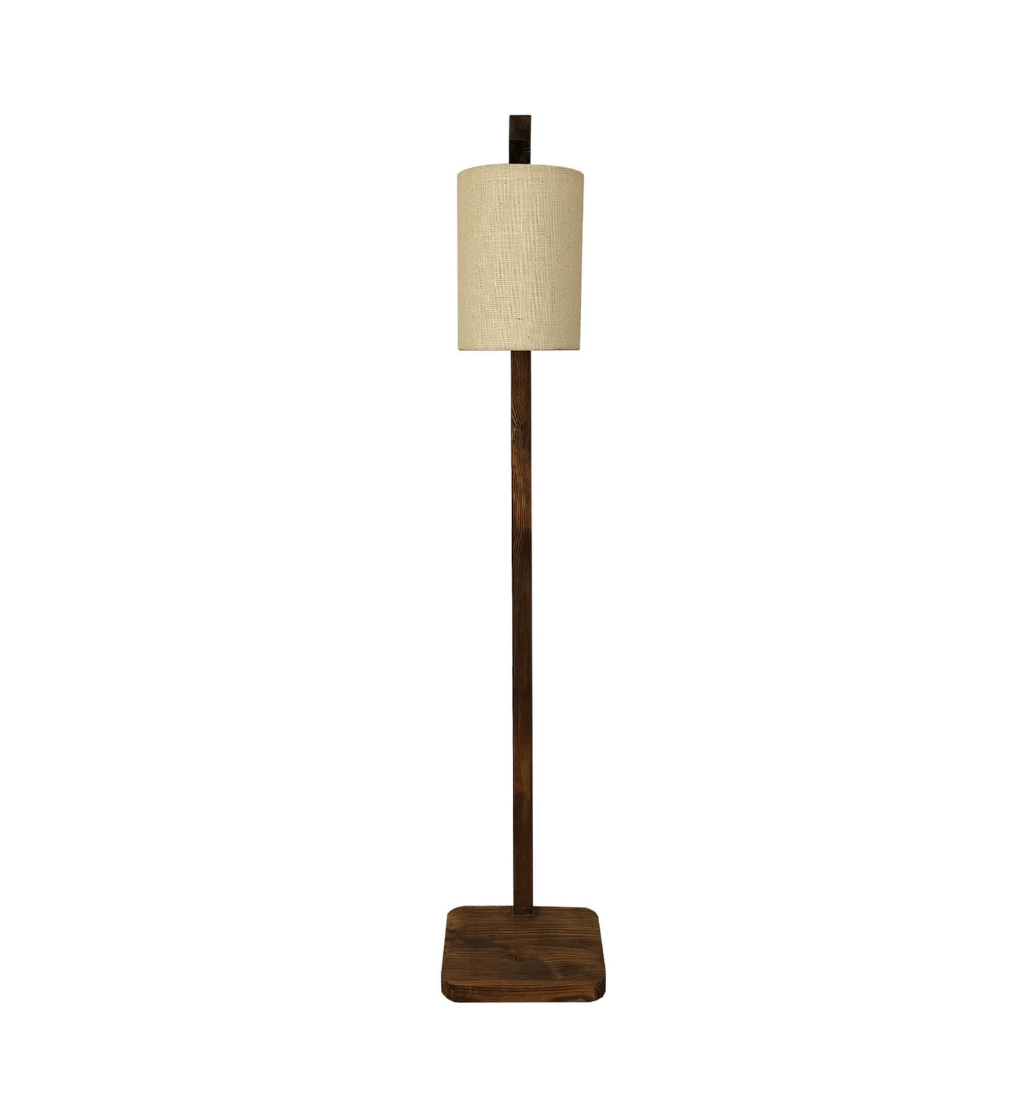 Fire Wooden Floor Lamp with Brown Base and White Fabric Lampshade