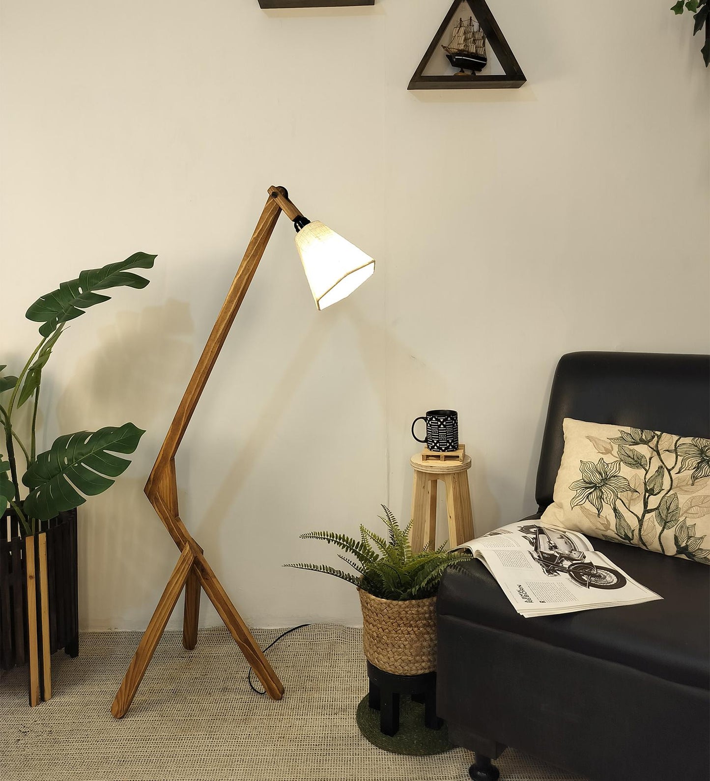 Zircon Wooden Floor Lamp with Brown Base and Beige Fabric Lampshade