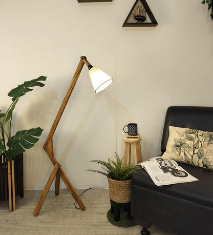 Zircon Wooden Floor Lamp with Brown Base and Beige Fabric Lampshade