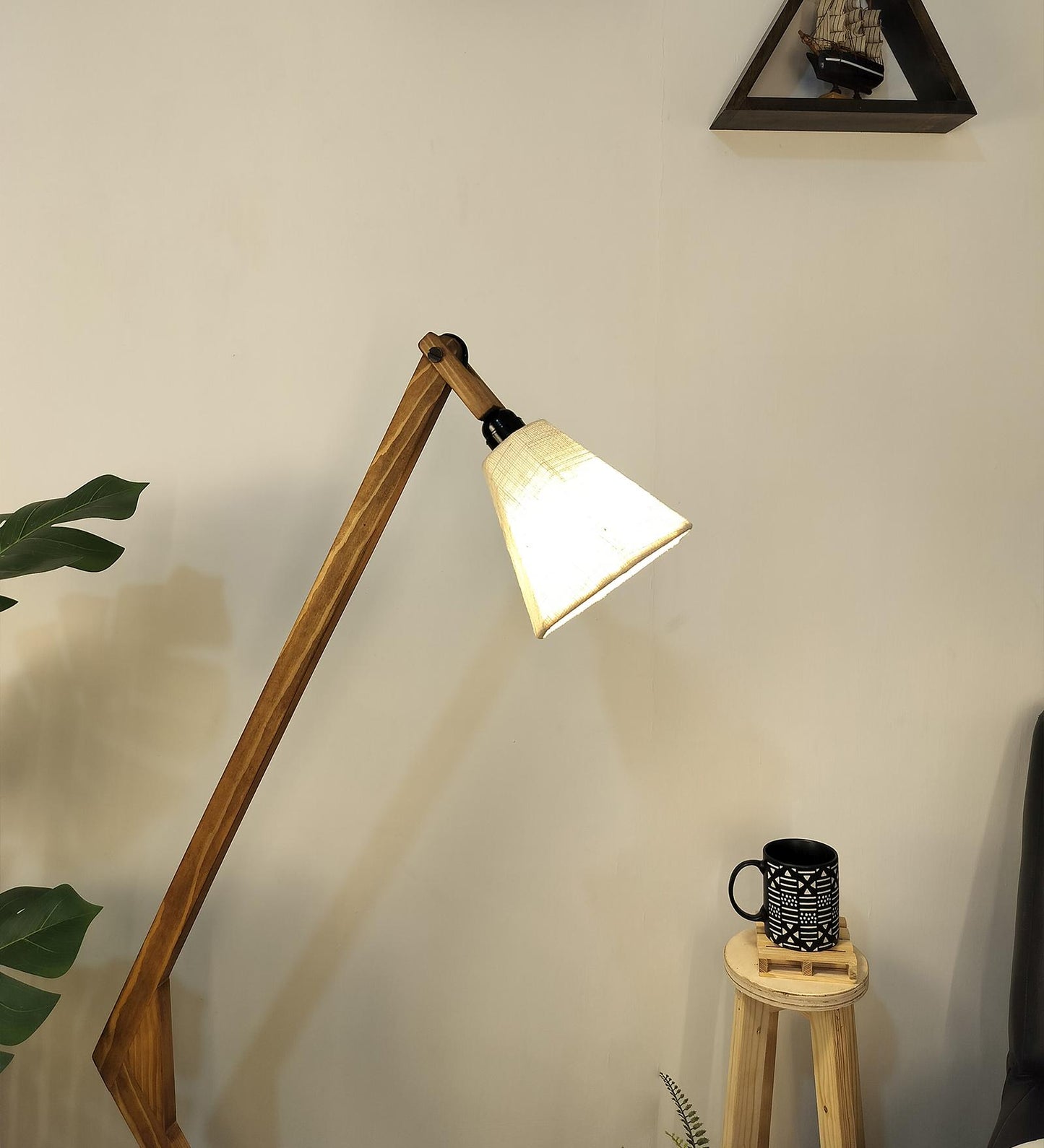 Zircon Wooden Floor Lamp with Brown Base and Beige Fabric Lampshade