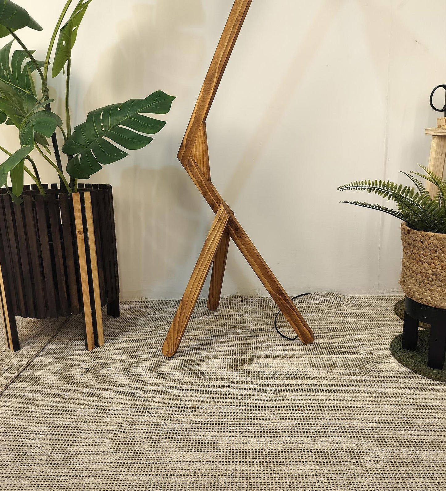 Zircon Wooden Floor Lamp with Brown Base and Beige Fabric Lampshade