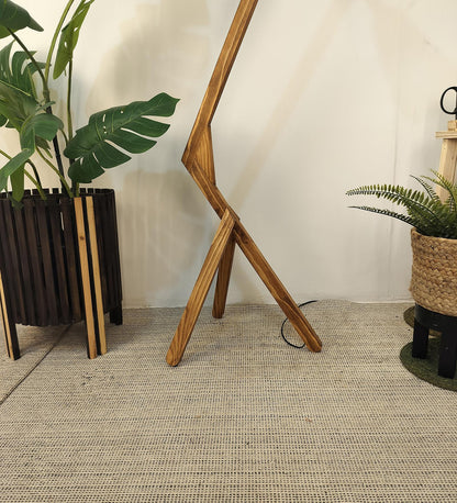 Zircon Wooden Floor Lamp with Brown Base and Beige Fabric Lampshade