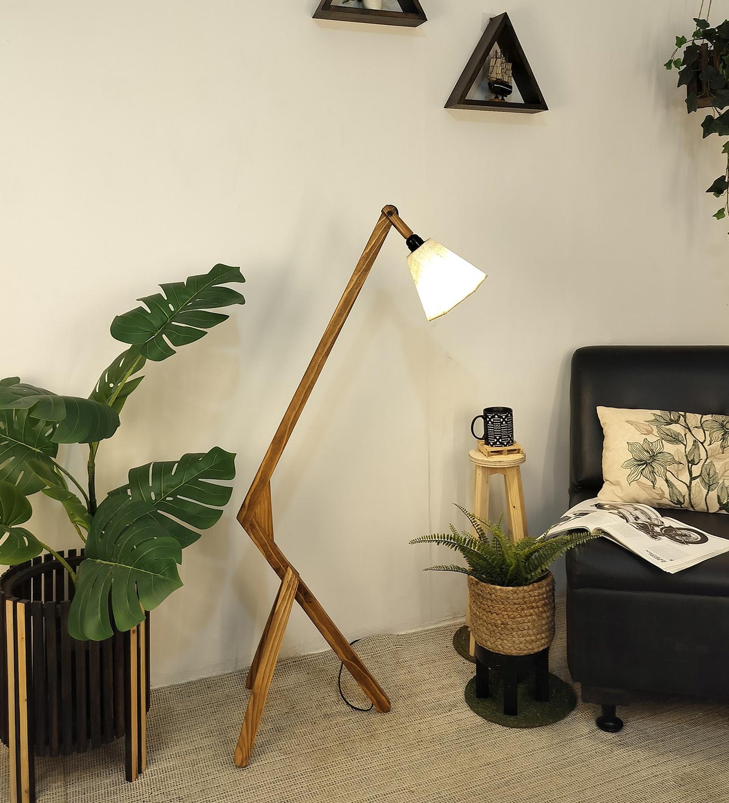 Zircon Wooden Floor Lamp with Brown Base and Beige Fabric Lampshade