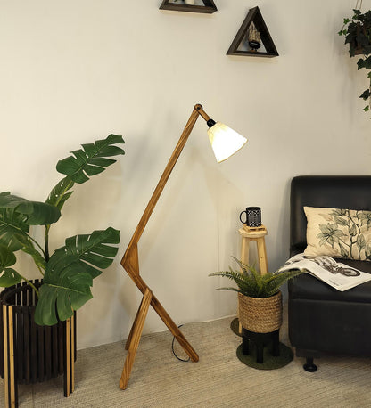 Zircon Wooden Floor Lamp with Brown Base and Beige Fabric Lampshade