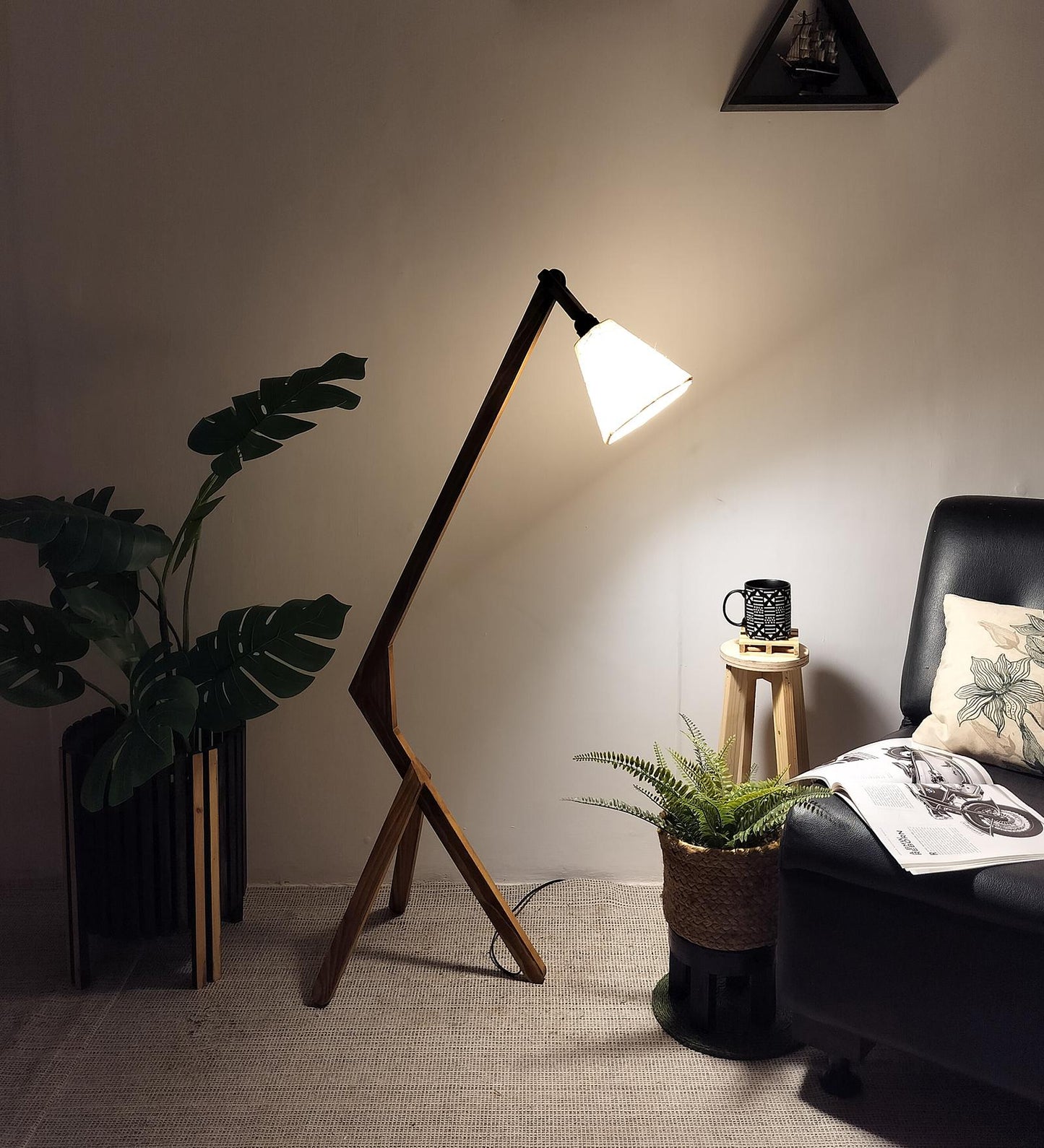 Zircon Wooden Floor Lamp with Brown Base and Beige Fabric Lampshade