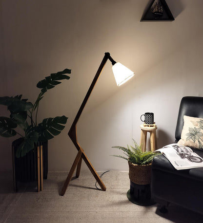 Zircon Wooden Floor Lamp with Brown Base and Beige Fabric Lampshade
