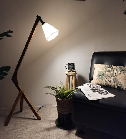 Zircon Wooden Floor Lamp with Brown Base and Beige Fabric Lampshade