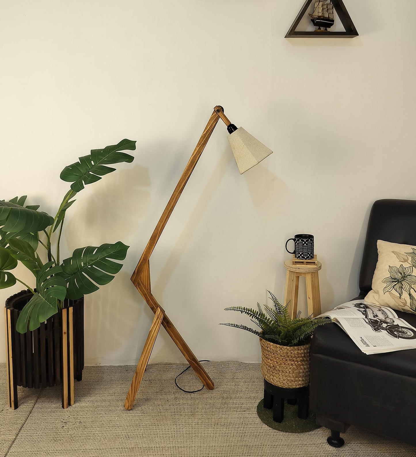 Zircon Wooden Floor Lamp with Brown Base and Beige Fabric Lampshade
