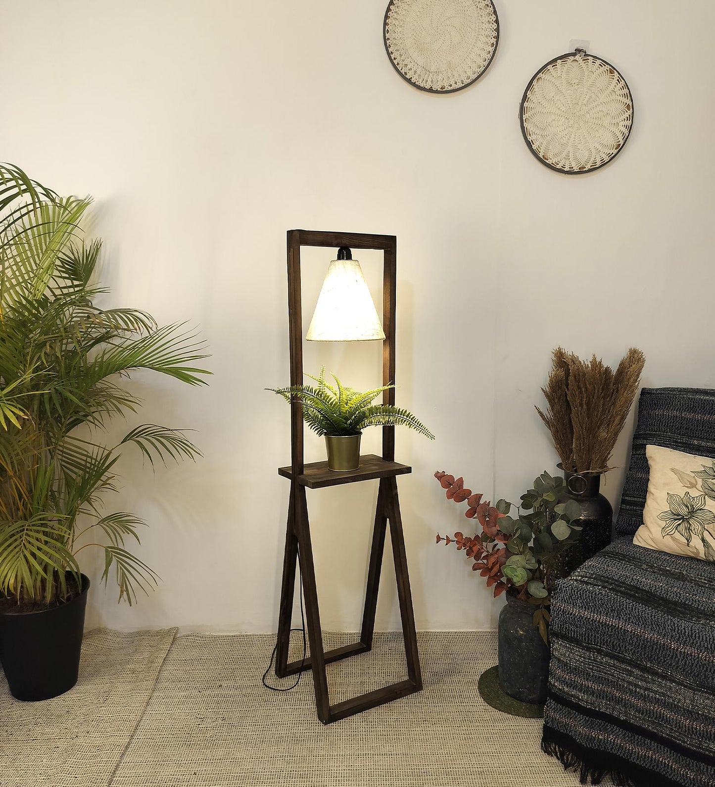 Far Wooden Floor Lamp with Brown Base and Beige Fabric Lampshade