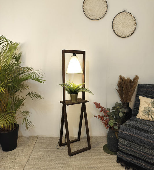 Far Wooden Floor Lamp with Brown Base and Beige Fabric Lampshade