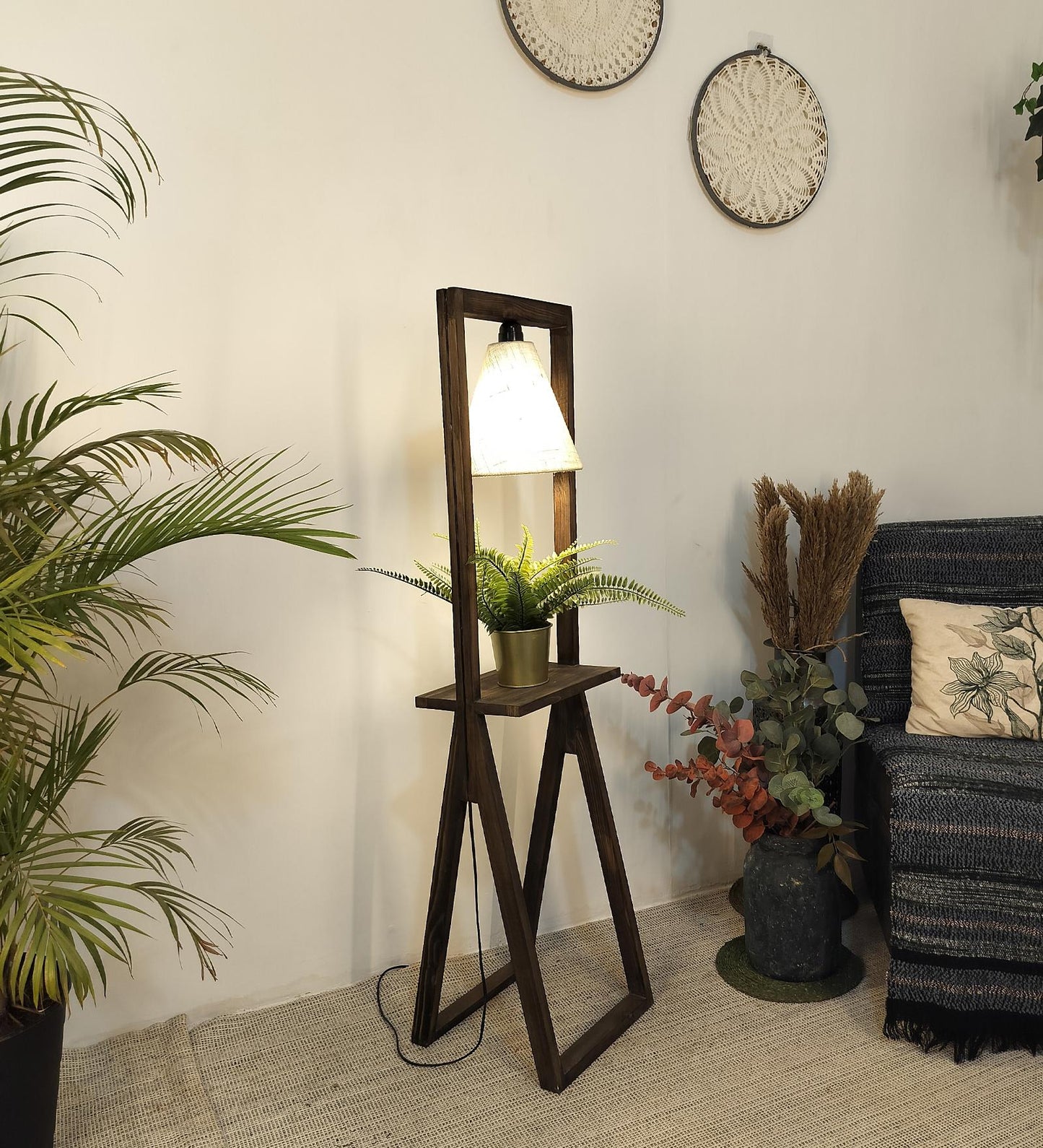 Far Wooden Floor Lamp with Brown Base and Beige Fabric Lampshade