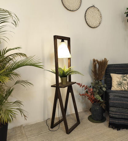 Far Wooden Floor Lamp with Brown Base and Beige Fabric Lampshade