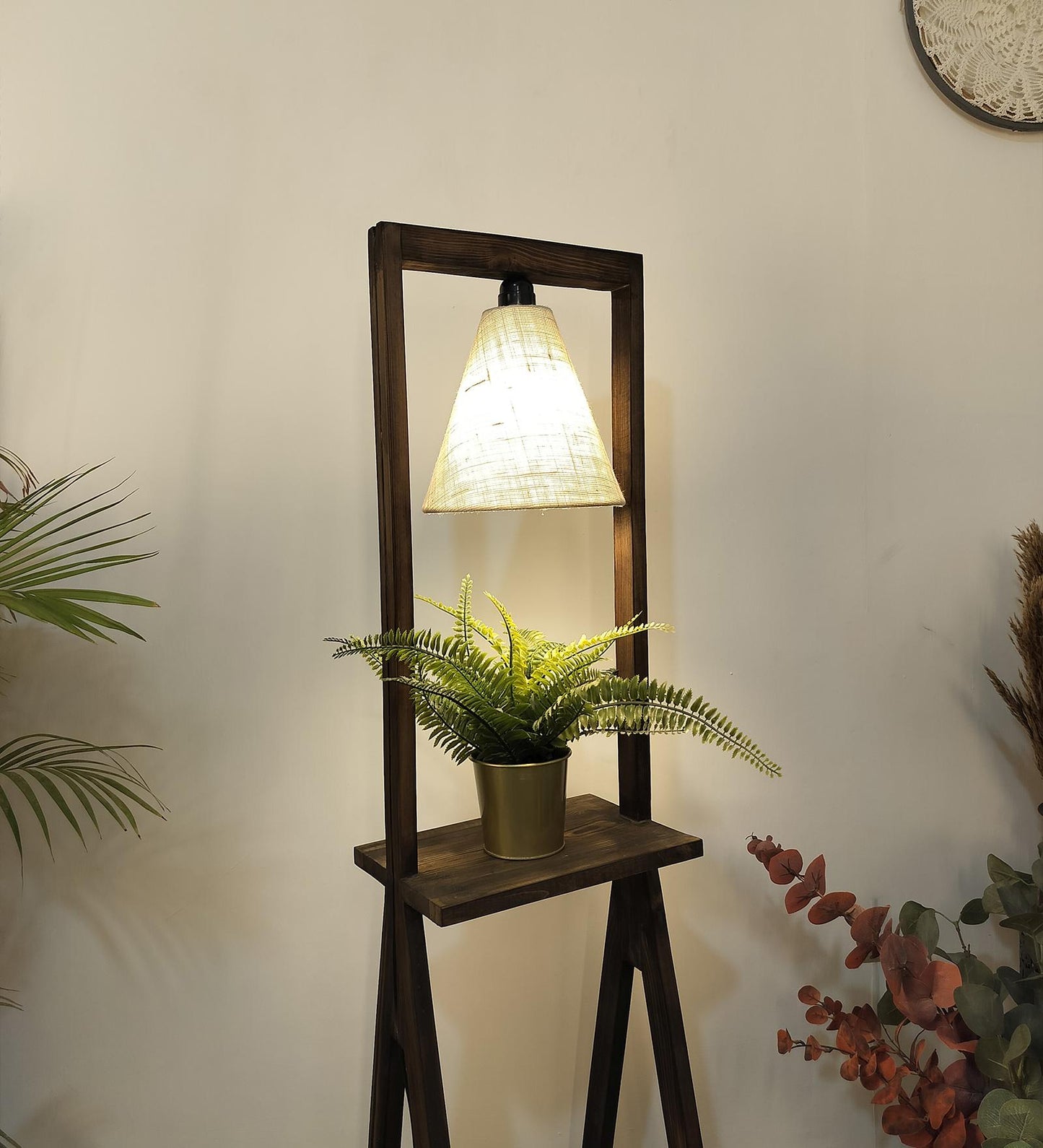 Far Wooden Floor Lamp with Brown Base and Beige Fabric Lampshade