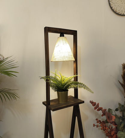 Far Wooden Floor Lamp with Brown Base and Beige Fabric Lampshade
