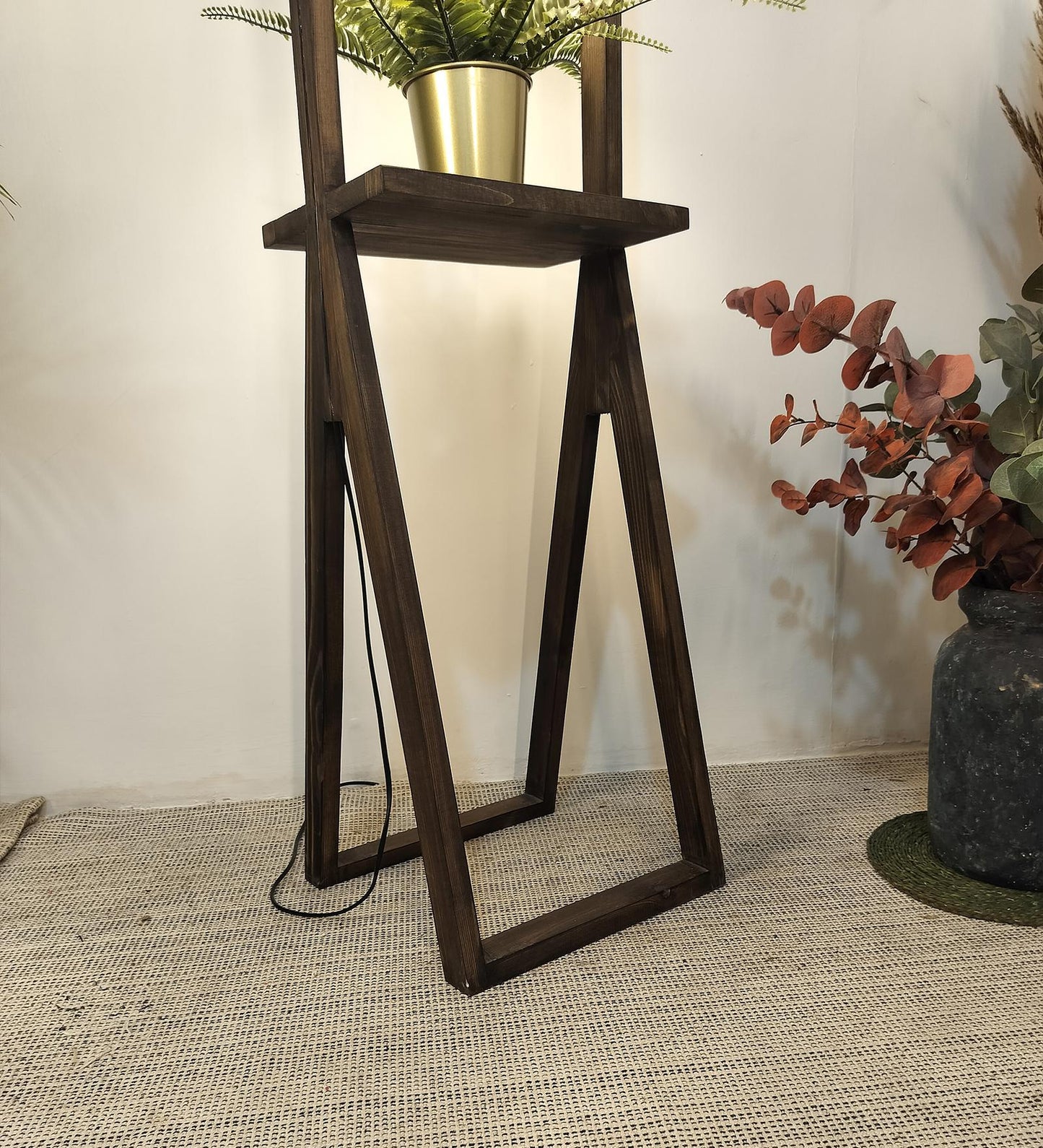 Far Wooden Floor Lamp with Brown Base and Beige Fabric Lampshade