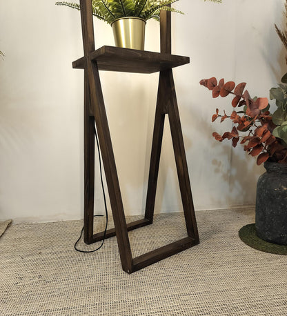 Far Wooden Floor Lamp with Brown Base and Beige Fabric Lampshade