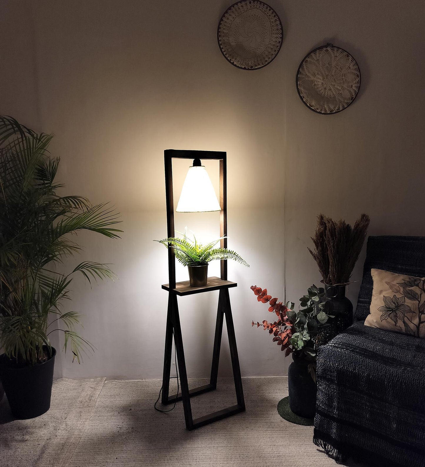 Far Wooden Floor Lamp with Brown Base and Beige Fabric Lampshade
