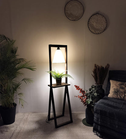 Far Wooden Floor Lamp with Brown Base and Beige Fabric Lampshade
