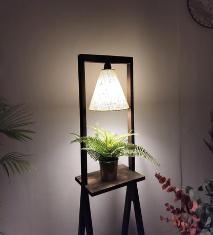 Far Wooden Floor Lamp with Brown Base and Beige Fabric Lampshade