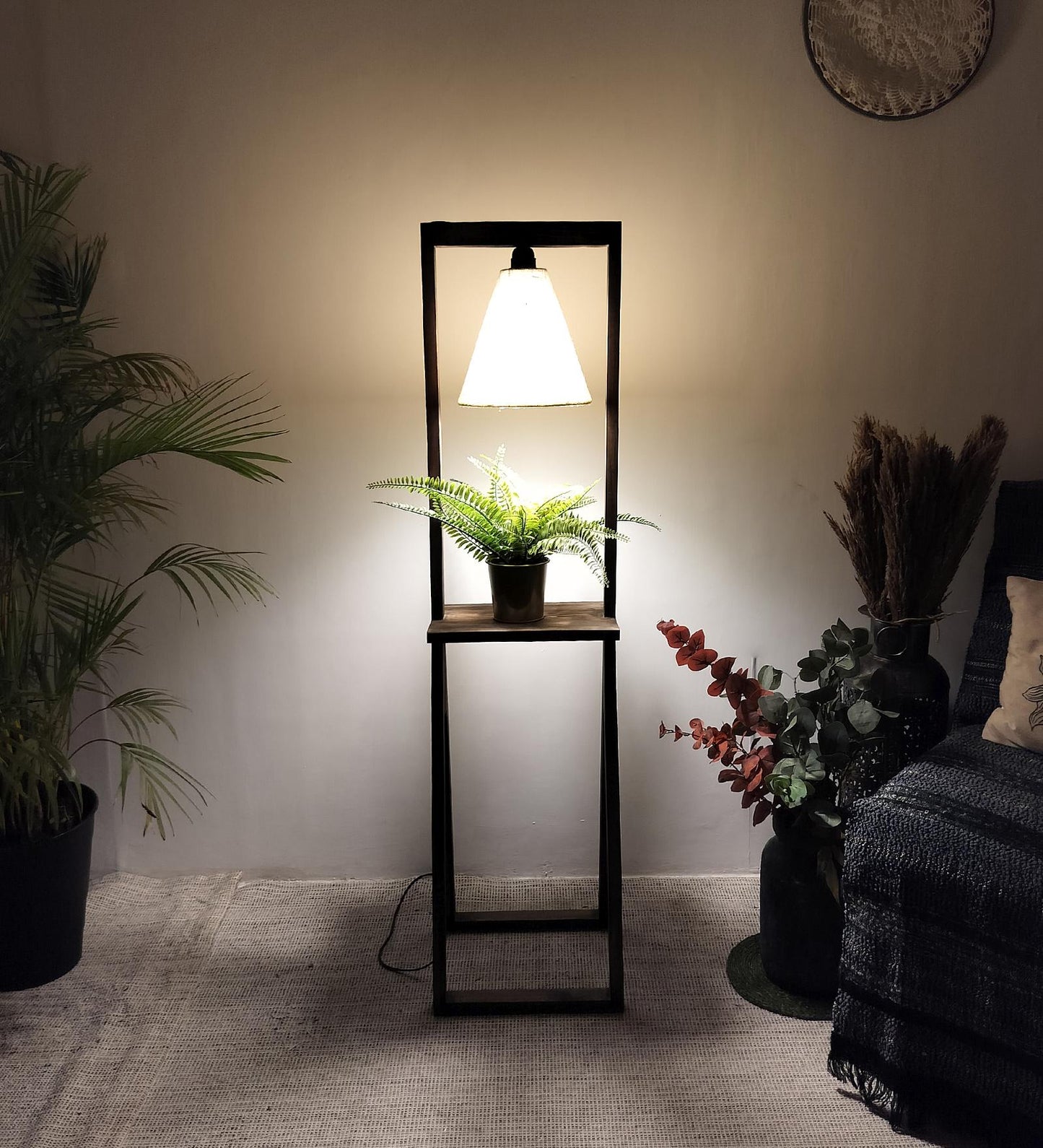 Far Wooden Floor Lamp with Brown Base and Beige Fabric Lampshade