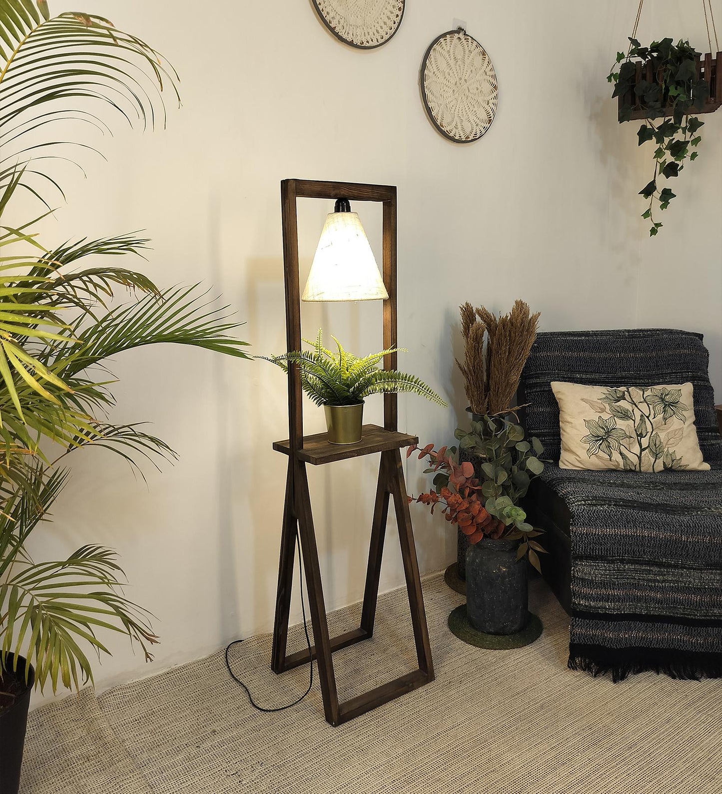 Far Wooden Floor Lamp with Brown Base and Beige Fabric Lampshade