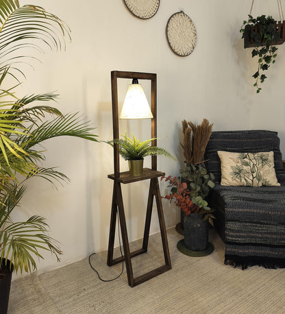 Far Wooden Floor Lamp with Brown Base and Beige Fabric Lampshade