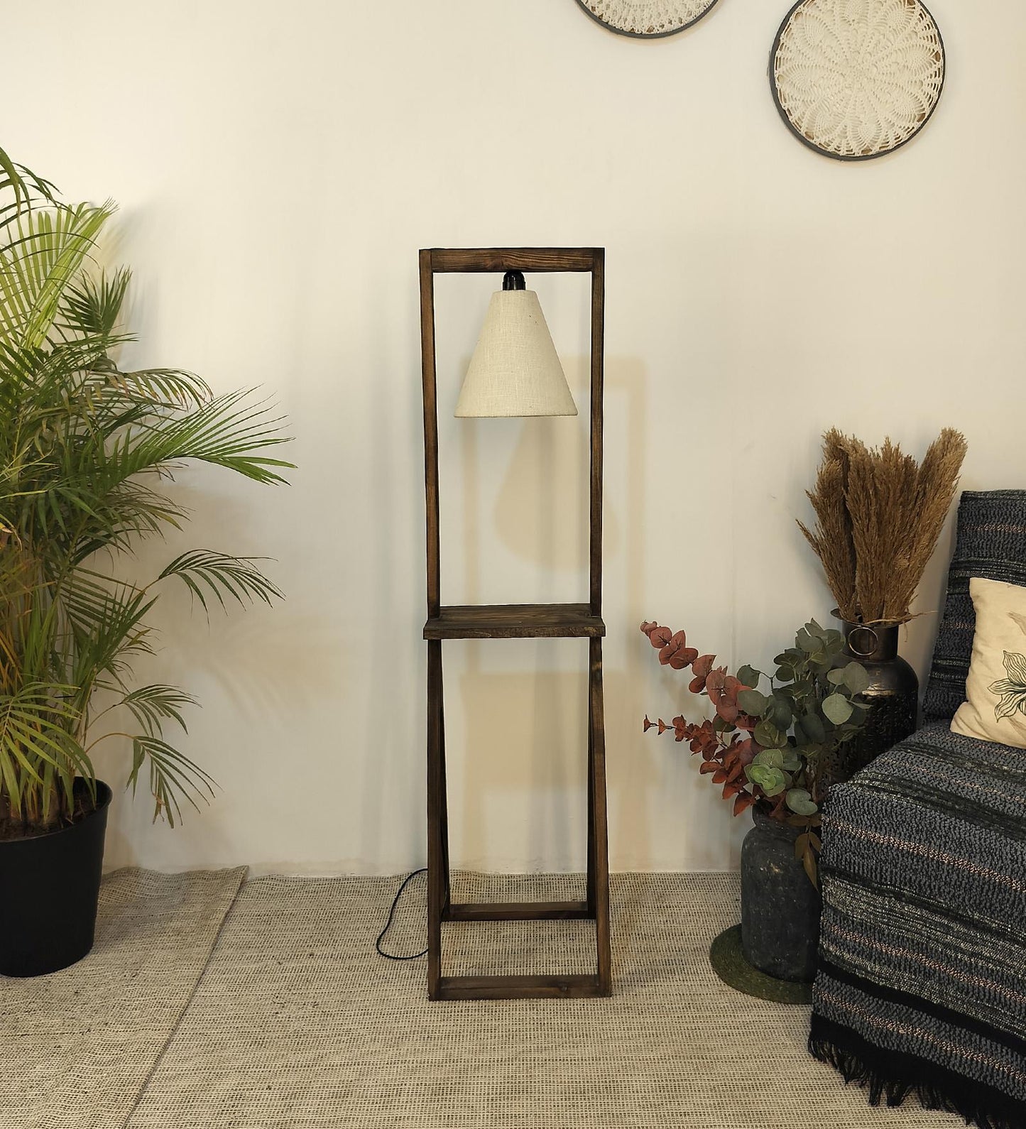Far Wooden Floor Lamp with Brown Base and Beige Fabric Lampshade