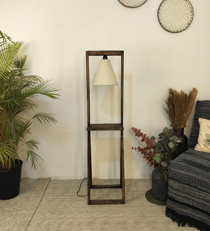 Far Wooden Floor Lamp with Brown Base and Beige Fabric Lampshade