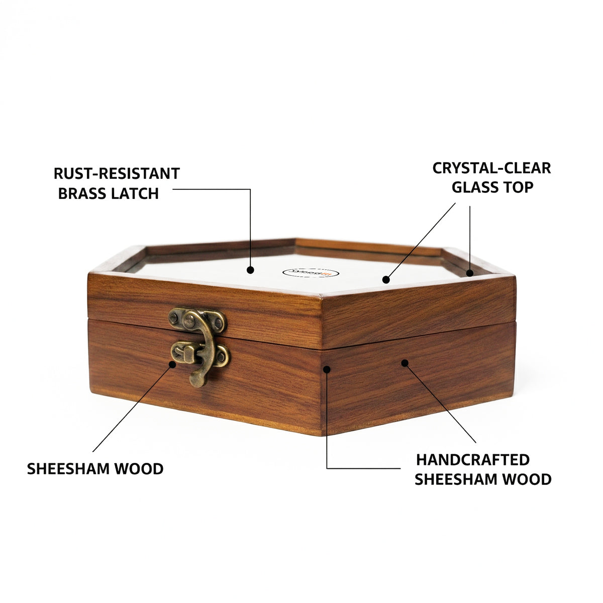 Woodfit Hexagonal Handcrafted Solid Sheesham Wood Masala Box with Glass Top and Brass Latch