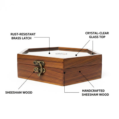 Woodfit Hexagonal Handcrafted Solid Sheesham Wood Masala Box with Glass Top and Brass Latch