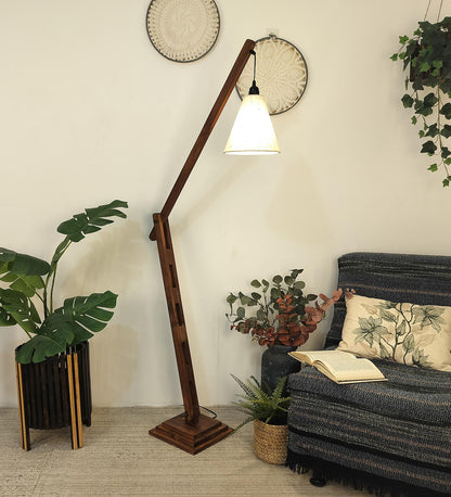 Mountain Wooden Floor Lamp with Brown Base and Jute Fabric Lampshade