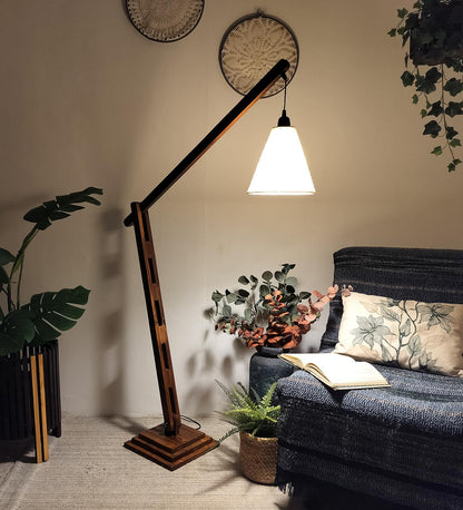Mountain Wooden Floor Lamp with Brown Base and Jute Fabric Lampshade