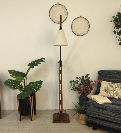 Mountain Wooden Floor Lamp with Brown Base and Jute Fabric Lampshade
