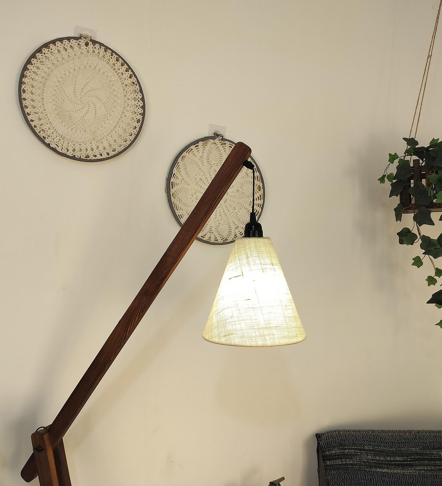 Mountain Wooden Floor Lamp with Brown Base and Jute Fabric Lampshade