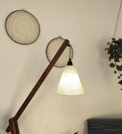 Mountain Wooden Floor Lamp with Brown Base and Jute Fabric Lampshade