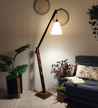 Mountain Wooden Floor Lamp with Brown Base and Jute Fabric Lampshade
