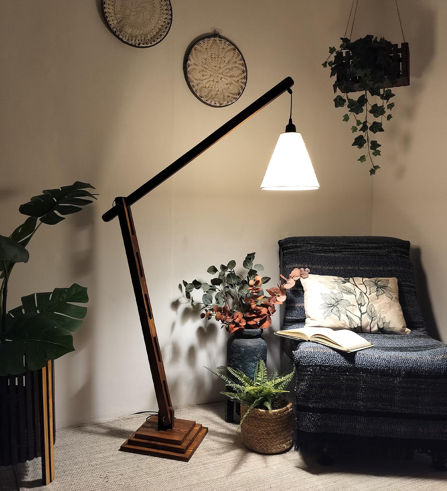 Mountain Wooden Floor Lamp with Brown Base and Jute Fabric Lampshade