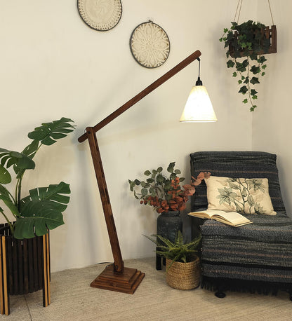 Mountain Wooden Floor Lamp with Brown Base and Jute Fabric Lampshade