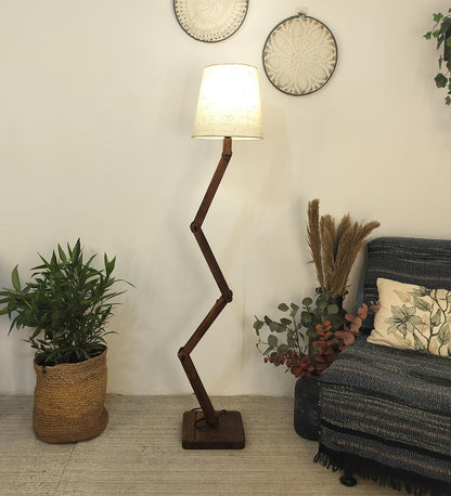 Thick Wooden Floor Lamp with Brown Base and Beige Fabric Lampshade