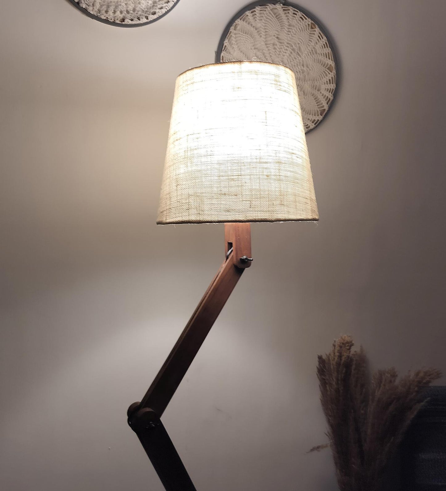 Thick Wooden Floor Lamp with Brown Base and Beige Fabric Lampshade