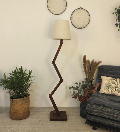 Thick Wooden Floor Lamp with Brown Base and Beige Fabric Lampshade