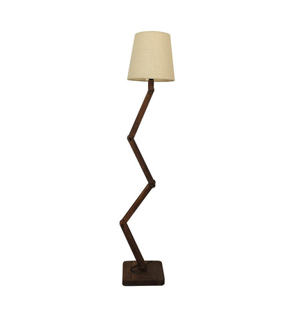 Thick Wooden Floor Lamp with Brown Base and Beige Fabric Lampshade