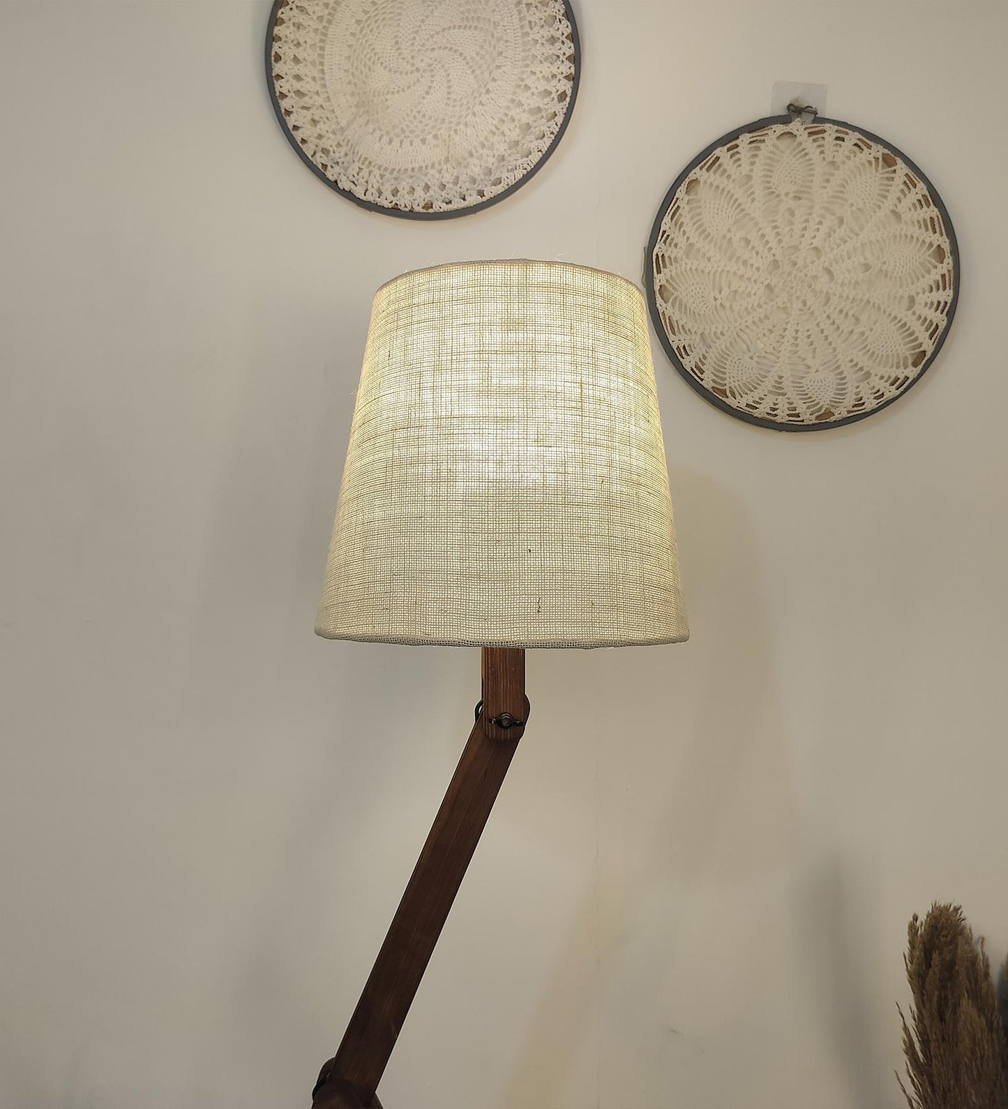 Thick Wooden Floor Lamp with Brown Base and Beige Fabric Lampshade