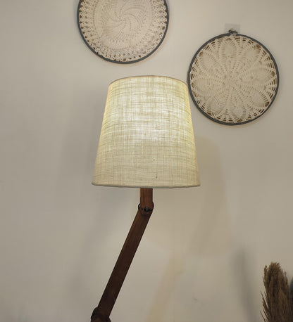Thick Wooden Floor Lamp with Brown Base and Beige Fabric Lampshade