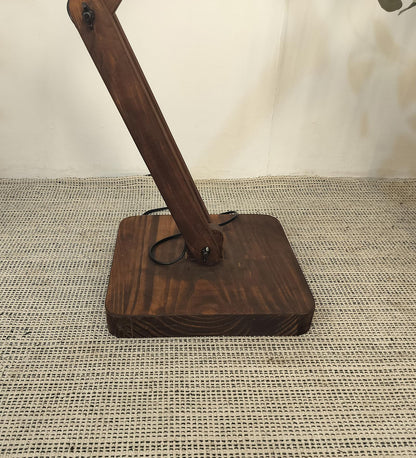 Thick Wooden Floor Lamp with Brown Base and Beige Fabric Lampshade