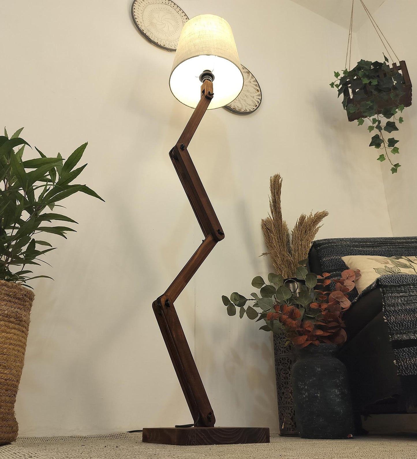 Thick Wooden Floor Lamp with Brown Base and Beige Fabric Lampshade