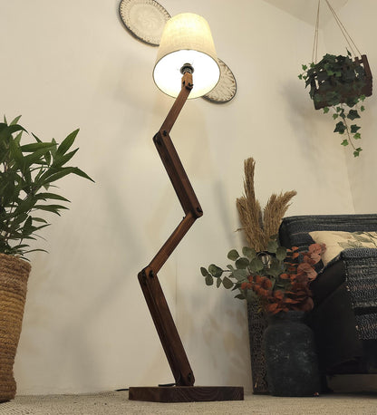Thick Wooden Floor Lamp with Brown Base and Beige Fabric Lampshade