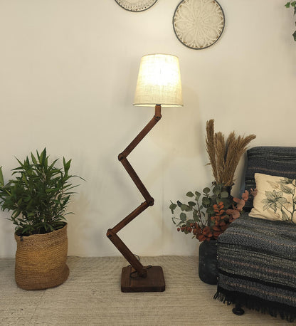 Thick Wooden Floor Lamp with Brown Base and Beige Fabric Lampshade